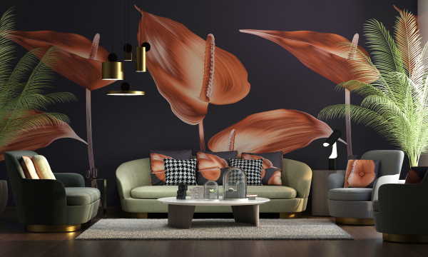 Salon moderne avec papier peint motif fleurs tropicales